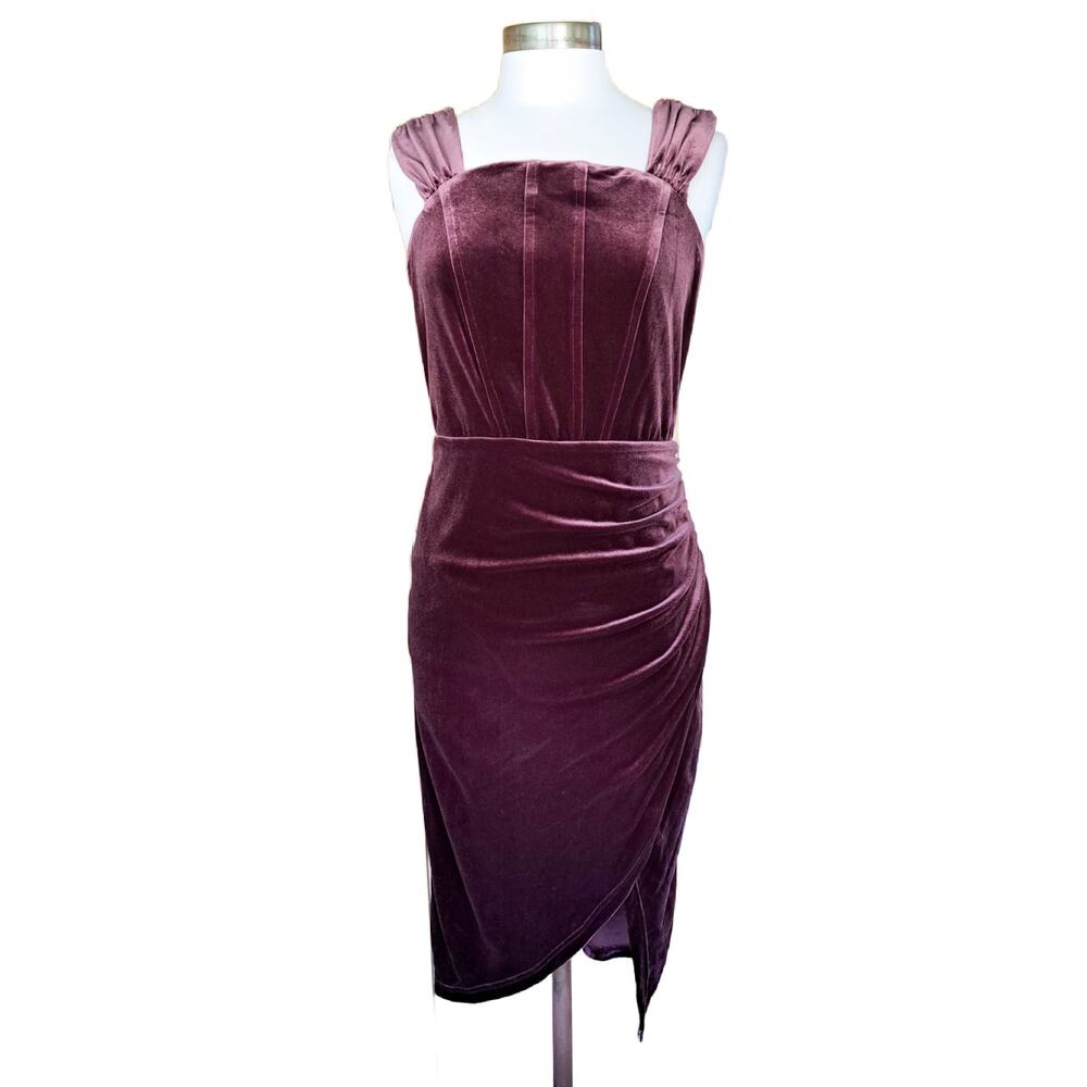 CACHE Stretch Velvet Corset Midi Pencil Dress Size 12 Cocktail Party Mauve Pink